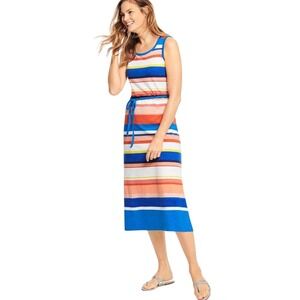Talbots blue and peach BELTED STRIPE MIDI DRESS size medium Petite MP